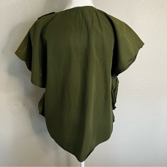 Zara Basic Olive Green Hi-Low Hem Short Sleeve Ruffle Shirt Blouse Size Medium - Picture 10 of 13